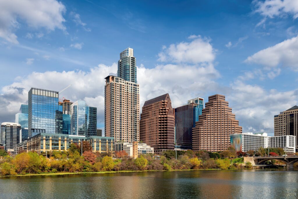 austin downtown skyline on the colorado river in austin, texas, usa.