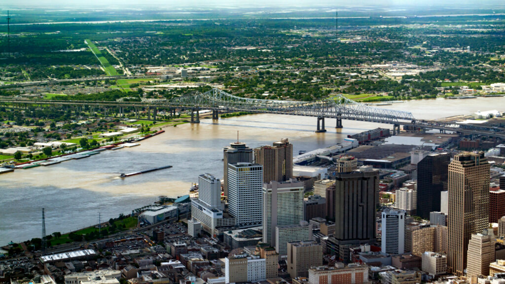 an aerial view of the a city in louisiana with skyscrapers. 