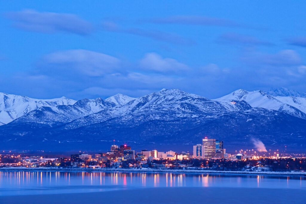 anchorage,alaska skyline in winter